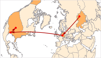 The tortuous path from the center of Eursia to the center of the US, a mere 8500 miles since there are no direct flights. Map made by Wolfram Alpha.