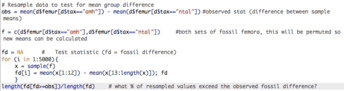 R code for a simple permutation test.