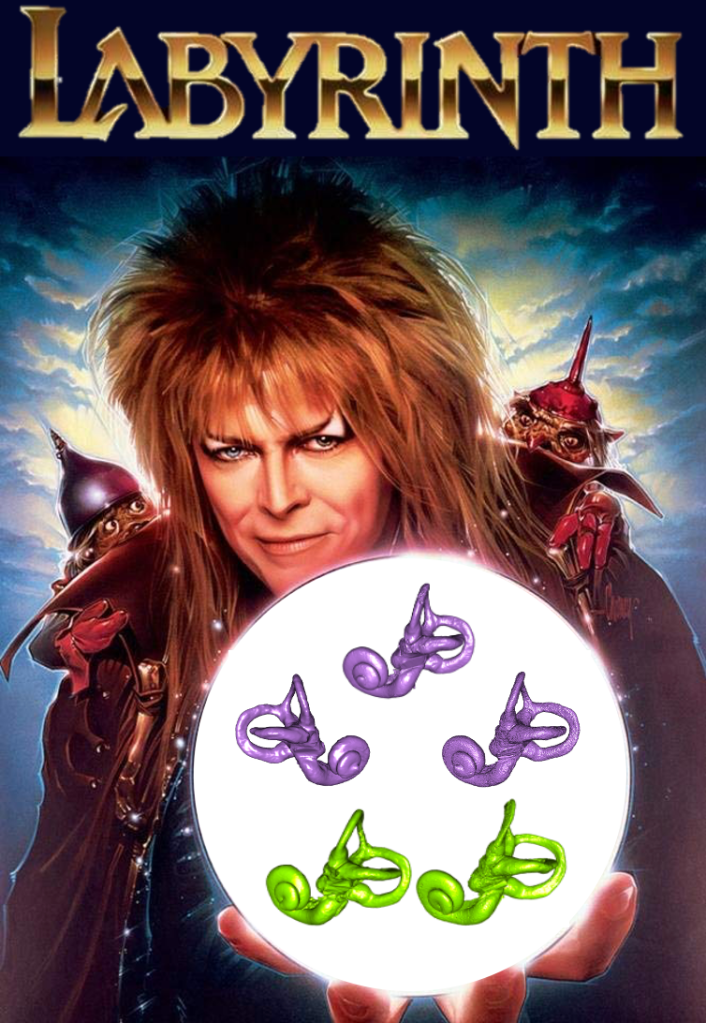 Modified movie poster from the 1986 film Labyrinth. The word "Labyrinth" is scrawled fantastically across the top. Beneath, David Bowie playing Jareth the Goblin King holds out a crystal ball containing 5 bony labyrinths.